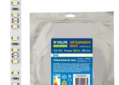 Светодиодная лента Volpe 9,6W/m 120LED/m 2835SMD теплый белый 5M ULS-Q330 2835-120LED/m-8mm-IP20-DC12V-9,6W/m-5M-3000K UL-00004540